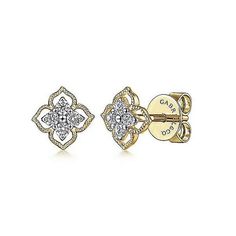 These 14k yellow gold earrings feature a floral post design with .13tdw diamonds. A feminine and elegant choice for any occasion. Gold Cluster Earrings With Diamond Accents, Elegant Gold Cluster Earrings With Pave Setting, Gold Diamond Flower Earrings For Formal Occasions, Formal Gold Diamond Flower Earrings, Fine Jewelry Yellow Gold Flower Earrings With Diamond Accents, Anniversary Yellow Gold Flower Earrings With Diamond Accents, Elegant Gold Cluster Earrings With Diamond Accents, Elegant Yellow Gold Diamond Earrings With Rose Cut, Elegant Gold Rose Cut Diamond Earrings