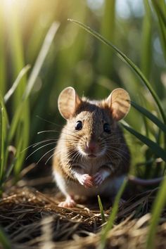 A small brown mouse standing on straw with green grass and sunlight in the background. Be More Mindful, Spirit Guide