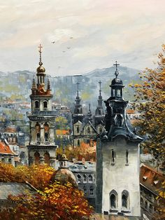 a painting of an old city with steeples and spires