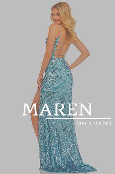 a woman in a blue dress with the words maren star of the sea on it