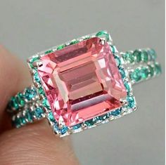 Pink Asscher Cut With Green Round Diamond Ring / - Etsy Cubic Zirconia Jewelry With Side Stones For Gift, Asscher Cut Pink Jewelry With Accent Stones, Pink Asscher Cut Jewelry With Accent Stones, Pink Asscher-cut Jewelry With Accent Stones, Princess Cut Rings With Side Stones For Gift, Princess Cut Rings With Side Stones As A Gift, Dazzling Wedding Jewelry With Side Stones, Pink Asscher Cut Ring With Accent Stones, Princess Cut Jewelry With Side Stones As Gift