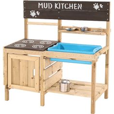 a child's wooden play kitchen with blue sink and potty pan on it