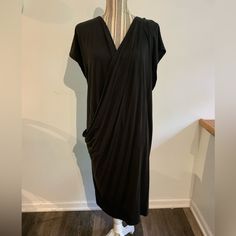 Black Silky Fabric. The Dress Is A Pullover With A Wrap Style Detail. Never Worn. Black Draped Dress For Work, Black Draped Maxi Dress For Spring, Black Slip Ons, Wrap Style, Slip On, Fashion Dresses, Midi Dress, Womens Dresses, Dresses