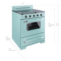 a blue stove top oven sitting on top of a white floor next to a wall