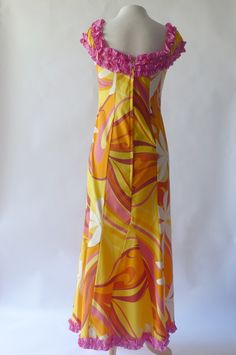 Pink Baby Ruffle Yellow Swirl Hawaiian Dress - Muumuu Outlet Baby Ruffle Dress, Polynesian Clothing, Hawaiian Wedding Dress, Ori Tahiti, Tiki Oasis, Pink A Line Dress, Hawaiian Muumuu, Vintage Hawaiian Dress, Muumuu Dress