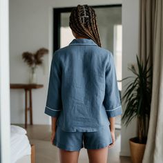 Our Women’s Pure Linen Pajama Sets. featuring a full-sleeve top and matching shorts. Made from 100% pure linen, this set is designed for breathable, lightweight comfort, keeping you cozy without sacrificing style. Perfect for lounging or sleeping, this set offers the softness and durability of natural linen, ideal for year-round wear. 100% pure linen fabric Full-sleeve top with matching shorts Breathable and lightweight Perfect for sleep and lounge wear Family Christmas Pajamas Embroidery Availa Comfortable Sleepwear With Built-in Shorts And Relaxed Fit, Cotton Full-length Relaxed Fit Sleepwear, Cotton Sleepwear With Built-in Shorts, Full Sleeve Top, Blue Button-up Sleepwear With Button Closure, Blue Sleepwear With Elastic Waistband, Short Length, Linen Pajamas, Family Christmas Pajamas, Personalized Tote Bags