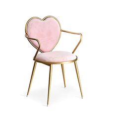 a pink chair with a heart shaped backrest and gold frame, against a white background