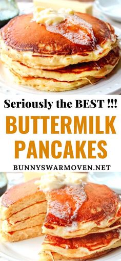 buttermilk pancakes are stacked on top of each other