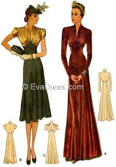 two women's dresses, one in red and the other in green with gold