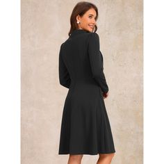 The Allegra K Tie Neck Dress is designed for women's fashion needs, featuring a mock neck and long sleeves. The elegant A-line midi silhouette combines classic elements with modern style. The collar tie detail adds refinement and uniqueness, while the A-line cut creates a flattering and feminine silhouette. This versatile dress is ideal for various occasions, from formal events to casual outings, and can be dressed up or down with the right accessories. Solid Long Sleeve Midi Dress For Office, Long Sleeve Plain Midi Dress For Fall, Plain Long Sleeve Midi Dress For Fall, Fitted Midi Dress With Stand Collar For Fall, Simple Fall Workwear Dresses, Solid Color Long Sleeve Midi Dress For Work, Long Sleeve Dress For Winter Workwear, Solid Long Sleeve Dress For Winter Workwear, Solid Long Sleeve Winter Dress For Work