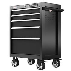 the craftsman's tool cabinet is on wheels