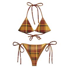 Part to our plaid collection our Sunset Plaid String bikini features a selection of colors straight from a tropical sunset. Also made from soft recycled polyester with double-layering and UPF 50+. Style the straps how you like, and get ready to swim! Brand: BOHIQ Bikini top with removable padding Pattern: Sunset Tones Plaid UPF50+ protection Sizes XS to 6XL Fabric: 81% recycled polyester, 19% Lycra spandex OEKO-TEX 100 standard certified Global Recycled Standard (GRS) certified Multiple ways to tie and style the bikini set Care instructions: Thoroughly rinse it off after each use and get rid of any chlorine/salt residue. Plaid Bikinis, Planet Love, Crochet Swim, Tropical Sunset, Beach Fits, 50 Style, Swim Suits, Red Gingham, Swimwear Brands