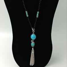 Nwt Tesori Long Length Tassle Necklace Black And Turquoise Beads With Silvertone Accent 21.5" Full Length - Slip Over No Clasp Adjustable Beaded Tassel Necklace, Turquoise Necklace With Tassels And Round Beads, Turquoise Necklaces With Tassel And Round Beads, Elegant Turquoise Jewelry With Black Beads, Bohemian Long Necklace With Black Round Beads, Black Tassel Necklace With Adjustable Fit, Adjustable Black Tassel Necklace, Black Bohemian Jewelry With Tassels, Elegant Black Tassel Necklace