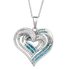 "A layered sterling silver design, decorated with blue and white diamonds, give this heart pendant a unique look. A layered sterling silver design, decorated with blue and white diamonds, give this heart pendant a unique look. Pendant: 1.21"" x 0.98"" Clasp: spring-ring Chain type: rope Base material: sterling silver Plating: sterling silver Finish: polished STONE DETAILS Setting: channel, prong Total carat: 1 ct. Color: blue, white Color grade: H-I Clarity: I2-I3 Size: 18"". Gender: female. Age Valentine's Day Blue Diamond Accented Jewelry, Valentine's Day Blue Jewelry With Diamond Accents, Blue Diamond Necklace For Anniversary, Blue Diamond Pendant Necklace For Anniversary, Blue Heart-shaped Jewelry For Anniversary, Blue Open Heart Necklace For Anniversary, Heart-shaped Blue Jewelry For Anniversary, Blue Necklace For Anniversary On Valentine's Day, Blue Jewelry For Anniversary On Valentine's Day