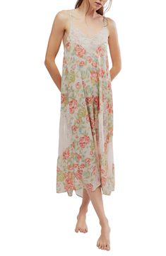 Lacy trim romances this charming floral-print maxi designed with slender adjustable straps and a flowy hem. Slips on over head V-neck Adjustable straps 100% polyester Machine wash, line dry Imported Maxi Design, Floral Print Maxi, Sleepwear Robe, First Date, Night Shirt, Sleeveless Maxi Dress, Nordstrom Dresses, Night Gown, Adjustable Straps