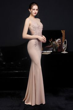 Floor-length Fitted Ball Gown With Illusion Neckline, Sleeveless Evening Dress For Banquets, Elegant Pink Ball Gown For Prom, Elegant Maxi Length Prom Evening Dress, Backless Lace Bodice Gown For Prom, Formal Backless Gown With Lace Bodice, Backless Gown With Lace Bodice For Prom, Wedding Evening Dress With Sheer Back And Fitted Bodice, Formal Backless Evening Dress With Lace Bodice