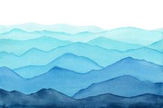 an abstract watercolor painting with mountains in blue and green colors on a white background