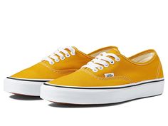 Vans Authentic - Skate Shoes : Color Theory Golden Yellow : Lightweight and flexible canvas upper. With roots firmly entrenched in So.Cal surf and skate culture but embraced around the world; stay true with the clean, classic, and uncompromising aesthetic of the Vans Authentic shoes. Cotton drill lining. Some colors may feature suede or leather. Please see color name for more information. Die-cut EVA insert. Casual sneakers with lightweight and flexible canvas, suede, or leather uppers. Traditio Vans Authentic Shoes, Yellow Vans, Vans Yellow, Surf And Skate, So Cal, Women's Vans, Vans Authentic, Shoes Color, Golden Yellow