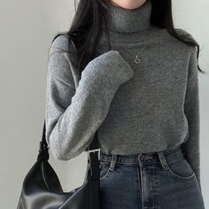 Dark Academia Turtle Neck Solid Color Sweater Winter Plain Gray Tops, Plain Gray Winter Tops, Gray Plain Winter Tops, Gray Plain Tops For Winter, Basic Solid Color Winter Sweater, Basic Plain Winter Sweater, Basic Solid Sweater For Winter, Basic Gray Everyday Sweater, Casual Gray Sweater