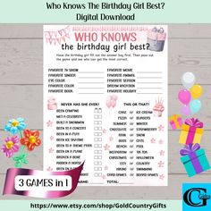 Who Knows The Birthday Girl Best Game, Printed Birthday Game, Instant Download, This or That, For Her, Birthday Girl Trivia Introducing "Who Knows the Birthday Girl Best," the perfect birthday party game to celebrate your loved one in style! Designed to bring laughter and fun to any birthday gathering, this engaging trivia game lets friends and family find out just how well they know the birthday girl. With intriguing questions and entertaining challenges, players will enjoy a memorable experience that sparks conversation and creates lasting memories. Whether you're hosting a teen birthday party or a gathering for all ages, this printable birthday activity is a must-have to elevate the celebration. Get ready to test your knowledge and see who truly knows her best with this delightful birth Fun Games For Birthday Parties, Who Knows The Birthday Girl Best, Teen Birthday Games, Birthday Trivia, Birthday Gathering, Birthday Quiz, Birthday Party Game, Perfect Birthday Party, Birthday Activities