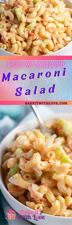 two bowls filled with macaroni salad on top of a blue and pink table cloth