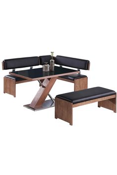 a table and bench with black leather seats