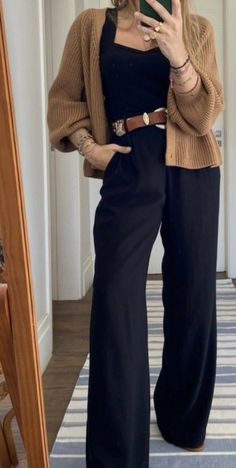 Brown Top Outfit Work, Contemporary Work Outfit, Cream Duster Outfit, Simple Cute Work Outfits, Cute Teacher Picture Day Outfits, Professional Outfits With Doc Martens, Black And Brown Business Outfit, Black Outfit With Brown Shoes, Fashionable Professional Outfits