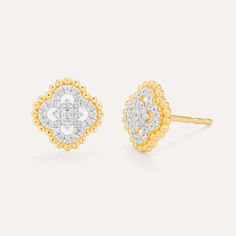 SKU# E-10731 Diamond Weight 0.08cts Earring Length 9.80 mm Thickness 3.0 mm Post back closure Finish 14k gold plated sterling silver or in sterling silver. Avoid contact with anything containing derivatives of alcohol. Classic Gold Diamond Flower-shaped Earrings, White Gold Flower-shaped Cluster Earrings With Cubic Zirconia, Yellow Gold Multi-stone Earrings In Cubic Zirconia, Real Diamond Earrings, Yellow Gold Cubic Zirconia Multi-stone Earrings, Gold Flower-shaped Cubic Zirconia Cluster Earrings, Vs1 Diamond, Demi Fine Jewelry, Recycled Sterling Silver