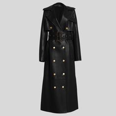 This black leather trench coat exudes sophistication and bold style. It features a sleek double-breasted design with prominent gold-tone buttons that add a touch of luxury to its overall aesthetic. The coat is equipped with a wide, adjustable belt, adorned with a large gold buckle, which cinches the waist for a flattering silhouette. Crafted from high-quality, smooth leather, the coat ensures durability and a polished finish, while the long length offers an elegant look. It has a structured desi Trench Cuir, Long Black Trench Coat, Trenchcoat Style, Black Leather Trench Coat, Trench Coat Style, Coat Style, Classic Trench Coat, Leather Trench, Leather Trench Coat