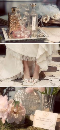 the bride's wedding shoes are on display