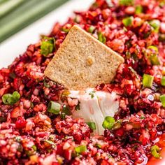 a white plate topped with red food and a cracker on top of the bowl