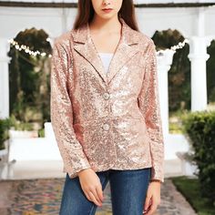 Elevate your outfit with our Long Sleeve Sequin Blazer Jacket. This jacket features sparkling sequins, a lapel collar, long sleeves, and an open front with button closure, making it perfect for adding a touch of glamour to any occasion. Womens Tailored Suit, Corset Vest, Jackets Casual, Sequin Blazer, Denim Corset, Long Sleeve Sequin, Tailored Suits, Womens Fleece, Women Crop