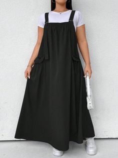 Plus Size Women Solid Casual Side Pocket Loose Long Overall Dress Black   Sleeveless Woven Fabric Plain Pinafore Non-Stretch  Women Plus Clothing, size features are:Bust: ,Length: ,Sleeve Length: Maxi Overall Dress, Black Overall Dress, Contemporary Clothes, Casual Work Outfits, Casual Work, Overall Dress, Black Sleeveless, Work Outfits, Work Casual