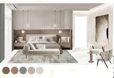 a bedroom with white furniture and neutral colors on the walls, along with an area rug