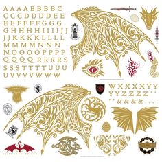 some type of gold and red design on white paper with letters, numbers, and symbols