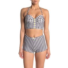 Betsey Johnson Picnik Artist Bikini Top Sizes Small, Medium & Large Available New With Tags Black And White Gingham Print Cute Retro Look Daisy Detail Down The Front Convertible Halter Ties Around Neck Zip In The Back Lightly Padded Cups Underwire Nylon Spandex Blend Gingham Underwire Swimwear For Vacation, Gingham Underwire Swimwear For Beachwear, Underwire Gingham Swimwear For Summer, Gingham Fitted Underwire Swimwear, Retro Gingham Swimwear For Summer, Fitted Plaid Triangle Top Swimwear, Lace Swimsuit, Pink Bathing Suits, Strapless Swimsuit