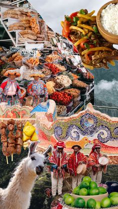 a collage of pictures with food and people in traditional costumes, including an alpaca