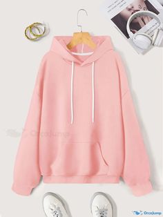 Orcajump - Simple Drawstring Loose Hoodie, Casual Hooded Pocket Fashion Long Sleeve Sweatshirt, Women's Clothing Solid Color Hoodie With Drawstring And Long Sleeves, Long Sleeve Sweatshirt With Drawstring, Solid Long Sleeve Sweatshirt With Drawstring, Casual Pink Sweatshirt With Drawstring, Solid Color Long Sleeve Sweatshirt With Drawstring, Winter Hoodie With Drawstring In Pink, Pink Long Sleeve Sweatshirt With Drawstring, Pink Drawstring Sweatshirt For Winter, Casual Pink Hoodie With Drawstring