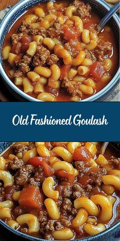 two bowls of old fashioned goulash with meat and vegetables in them, one is full of noodles