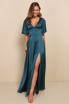 Elegant Confidence Teal Satin Flutter Sleeve Cutout Maxi Dress Teal Satin Dress, Romantic Essence, Teal Bridesmaid, Teal Bridesmaid Dresses, Bridesmaid Dresses With Sleeves, Cutout Maxi Dress, Guest Attire, Wedding Attire Guest, Satin Bridesmaid Dresses