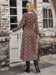 Printed Knitted Long Sleeve Tied Split Dress - Multi,L Tied Dress, Racerback Dress, Split Dress, Daily Dress, Printed Ties, Short Pajama Set, Long Sleeve Mini, Wide Leg Denim, Global Fashion