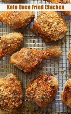 chicken on a wire rack with the words keto oven fried chicken