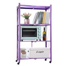 a purple shelf with a microwave and some books