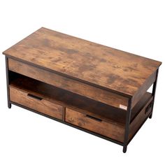 a wooden table with two drawers on one side and an open drawer on the other