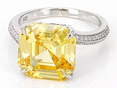 Bella Luce® yellow and white diamond simulants 13.80ctw square and round, platinum over sterling silver asscher cut ring. Measures approximately 0.81" L x 0.44" W and is not sizeable. The diamond equivalent weight is 8.36ctw. Asscher Cut Ring, Asscher Cut, Diamond Simulant, White Diamond, Cubic Zirconia, Platinum, Yellow, Sterling Silver, Silver