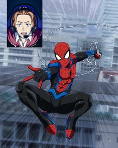 spider - man flying through the air in front of a cityscape with an anime avatar