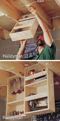 two pictures showing how to install an overhead shelf