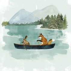 two dogs are riding in a boat on the water and one dog is standing up