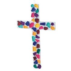 a colorful cross hanging from the ceiling