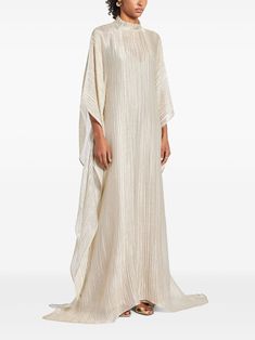 ivory white sheer finish draped design mock neck button fastening three-quarter length sleeves long length asymmetric hem White Caftan, Taller Marmo, Gold Evening Dresses, Wardrobe Edit, Designer Drapes, City Dress, Dress Gold, Iconic Bags, Summer Beach Wear